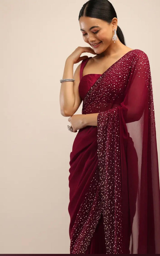 Maroon Saree In Georgette With Kundan Embellished Border