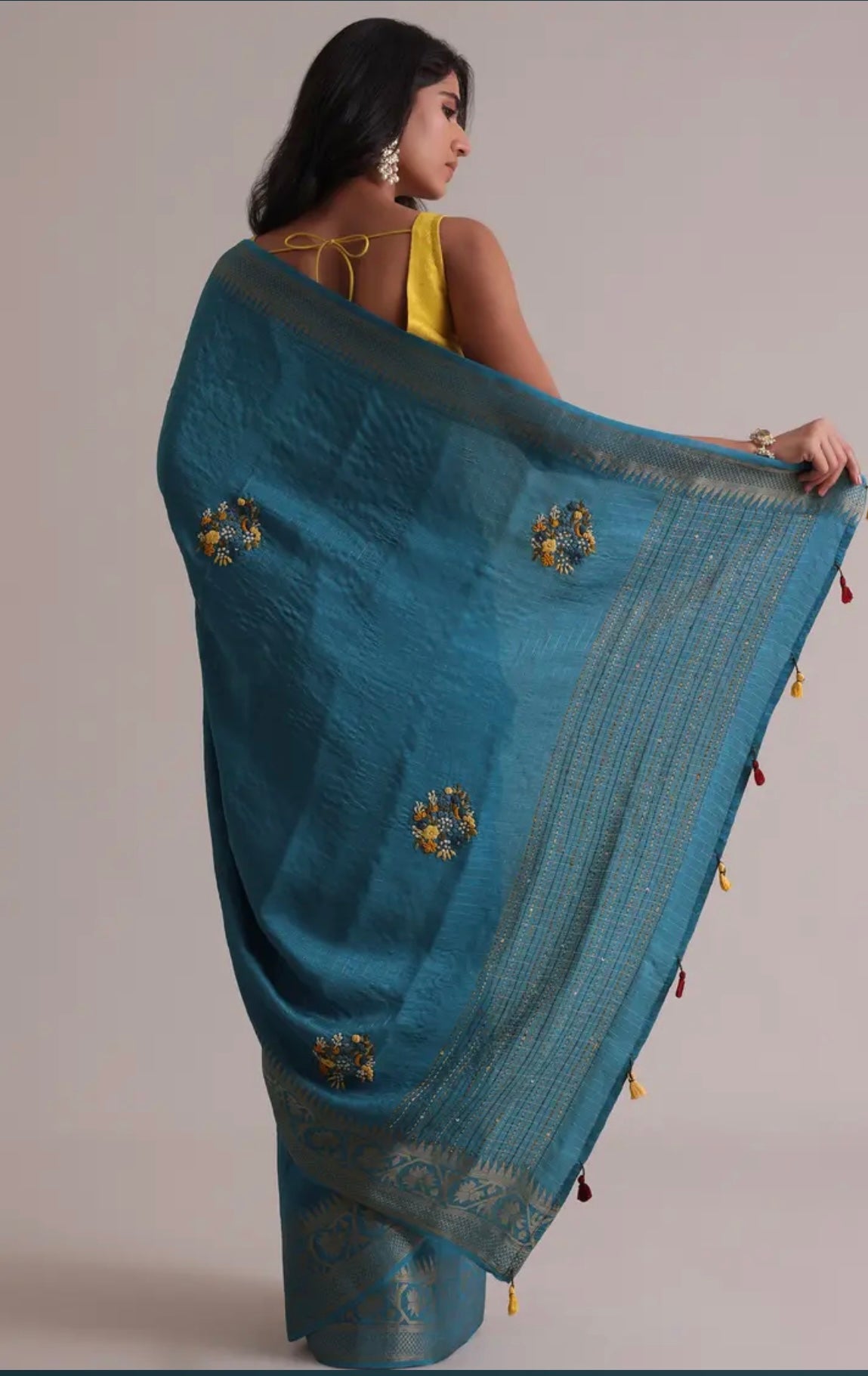 Blue Saree In Georgette Tussar With Brocade, Zari, And Resham 3D Bud Embroidery