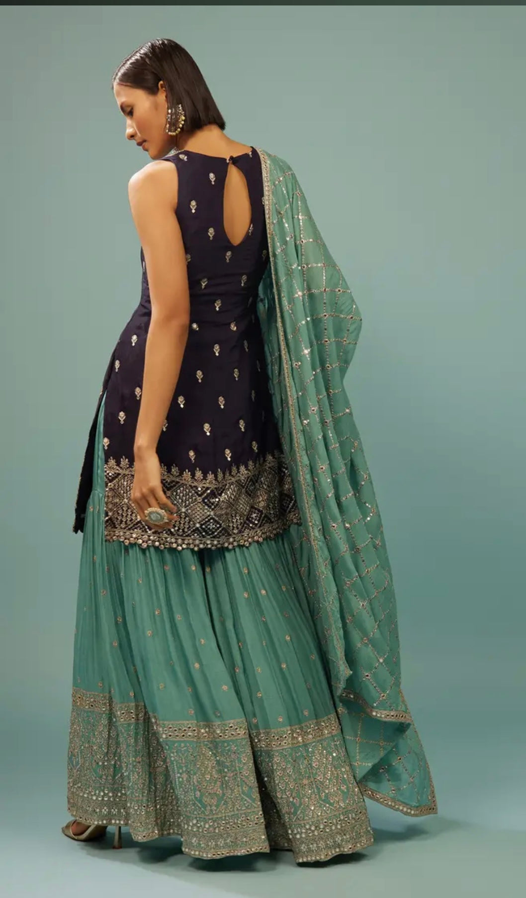 Navy Blue Sharara Suit With Embroidery