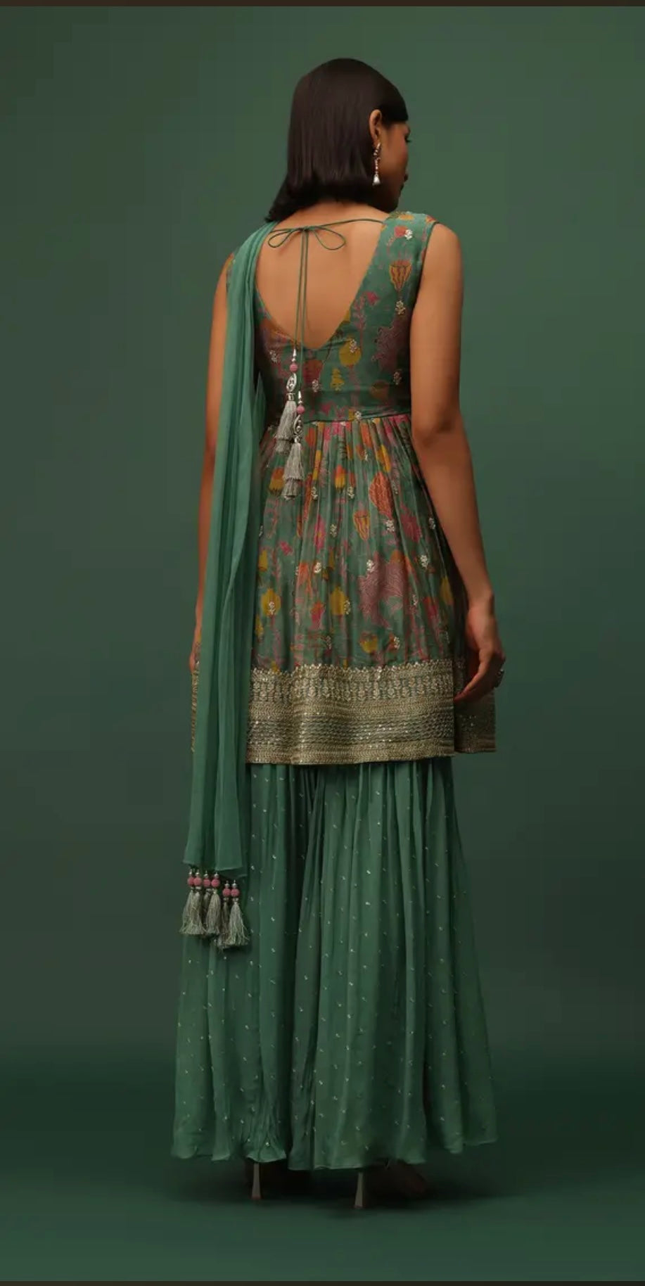 Peacock Green Georgette Sharara And Peplum Top Set With Zari And Cutdana Embroidery