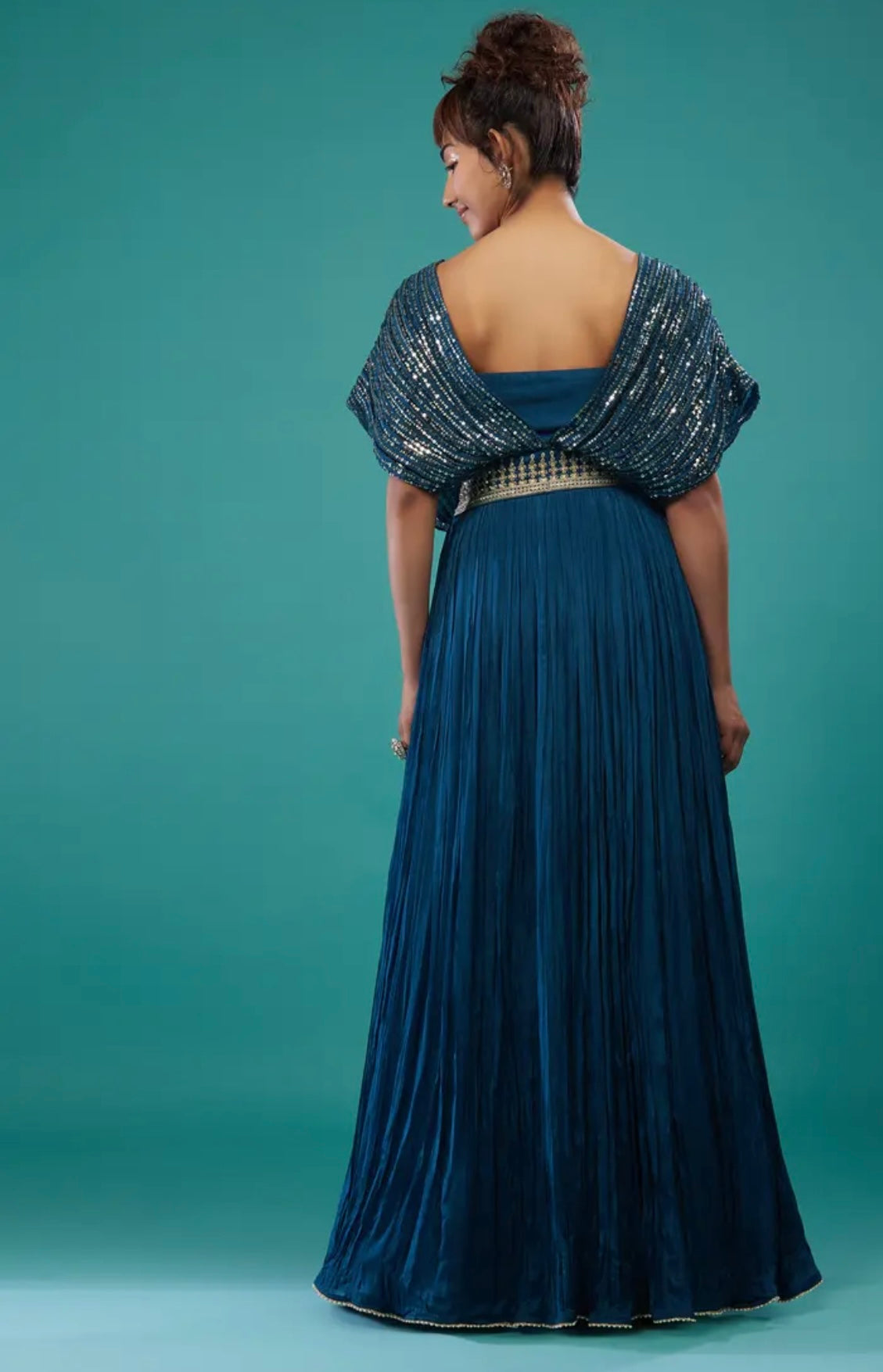 Persian Blue Hand-Embroidered Palazzo Crop-Top Set In Chinon