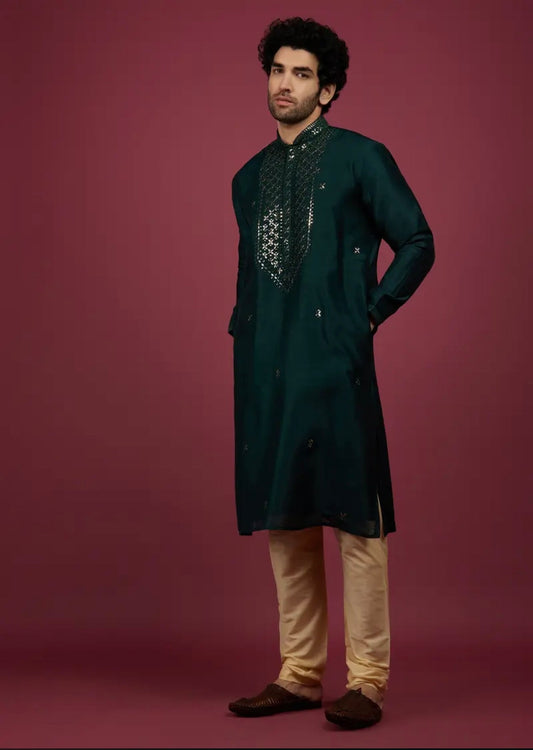 Bottle Green Silk Embroidered Kurta Set