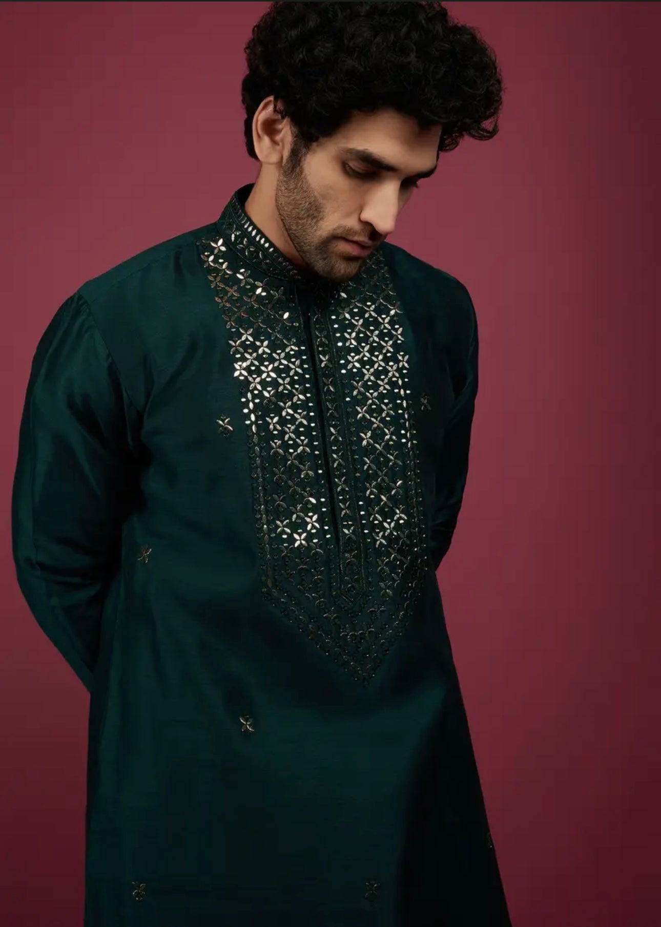 Bottle Green Silk Embroidered Kurta Set